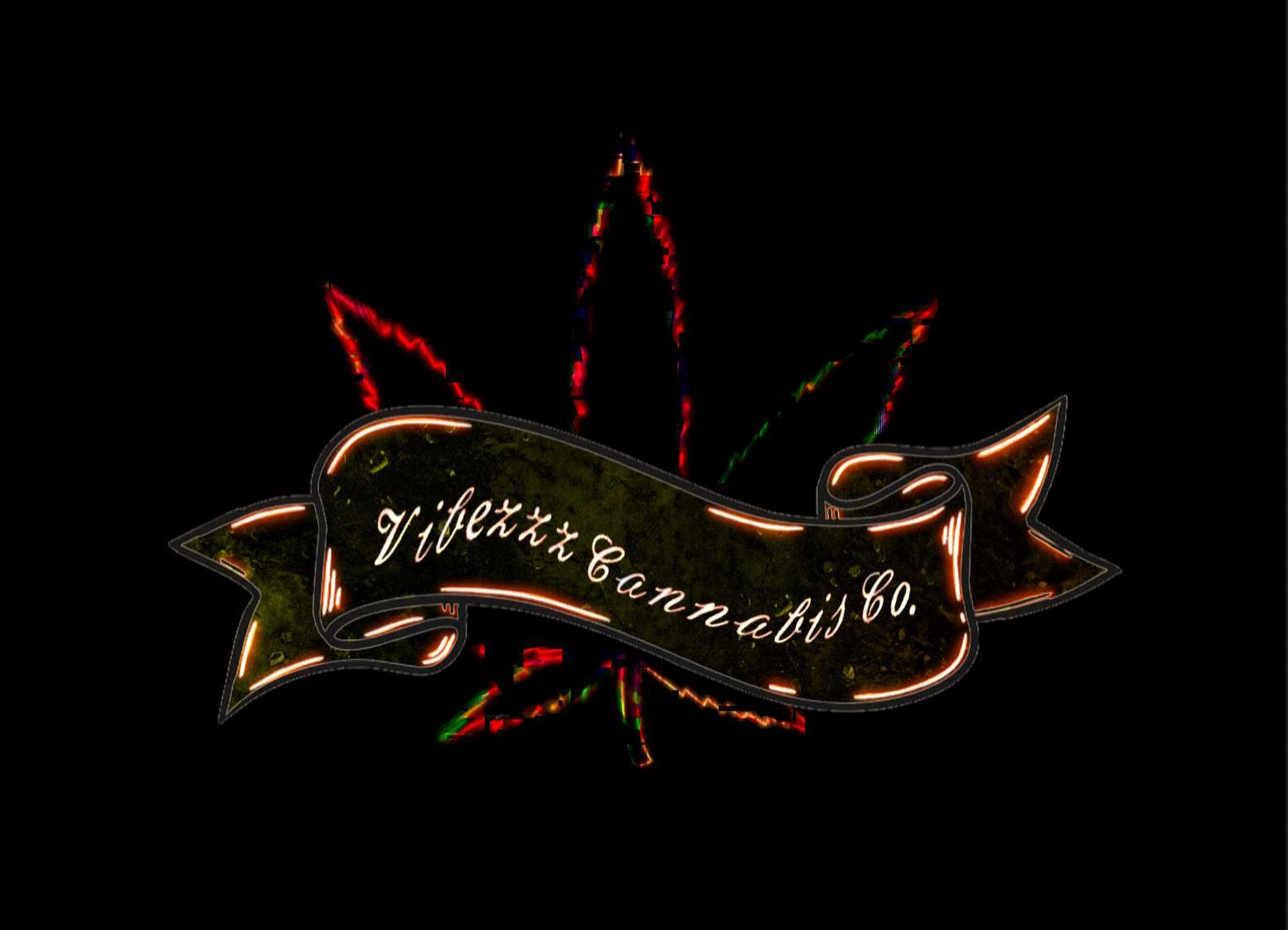 Neon sign with 'Vibezzi Cannabis Co.' text and cannabis leaf design on a black background